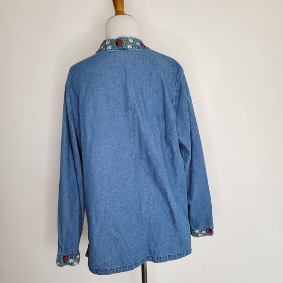 Country Store Denim Jacket Ladybug Floral Embroidery Zip Front Women Large - Picture 3 of 10